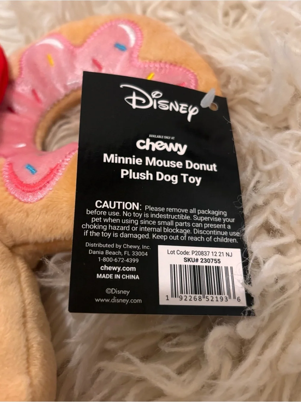 Disney Minnie Mouse Donut Plush Dog Squeaky Toy - Pink Frosting with Red Bow